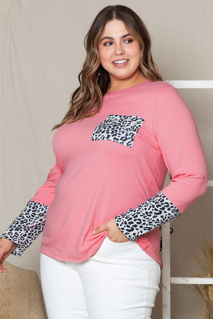 Leopard Cuffs Brushed Plus Size Top | Pink