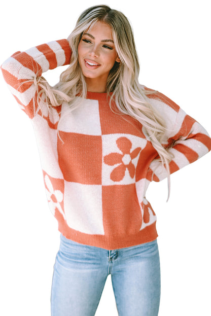 Checkered Floral Print Striped Sleeve Sweater | Brown