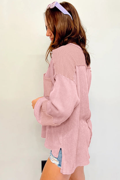 Exposed Seam Patchwork Bubble Sleeve Waffle Knit Top | Pink