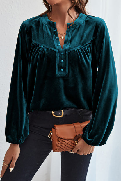 Lantern Sleeve Beaded Split V Neck Velvet Top | Skobeloff