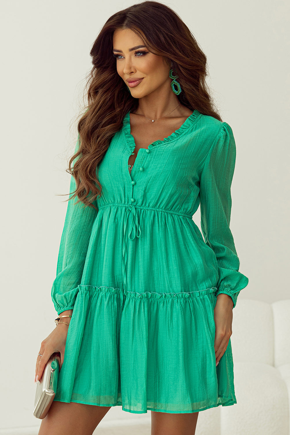 Frilly V Neck Puff Sleeve Drawstring Shift Mini Dress | Sea Green