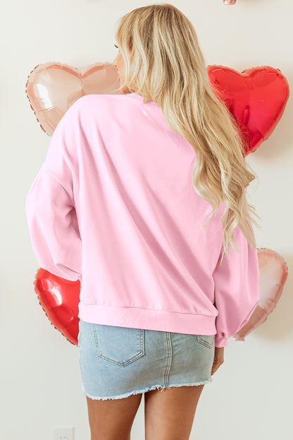 Embroidered Bow Lantern Sleeve Oversized Pullover Sweatshirt | Light Pink