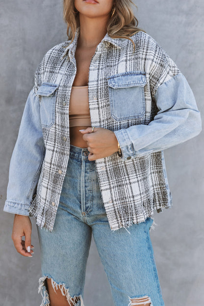 Plaid Patchwork Fringed Flap Pockets Denim Jacket | Sky Blue