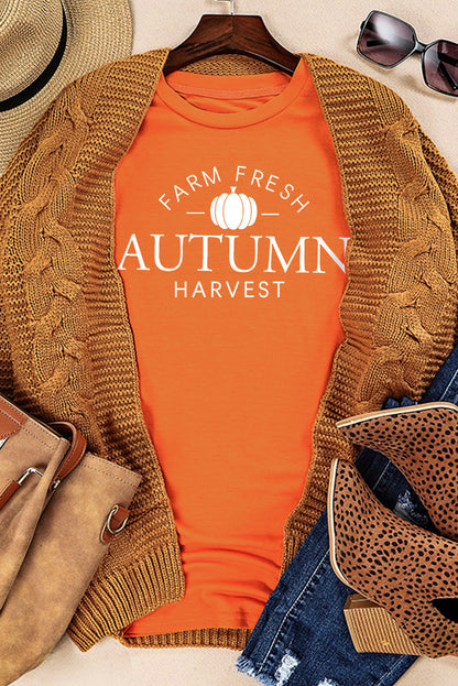 Farm Fresh Autumn Harvest Pattern Crew Neck T Shirt | Orange