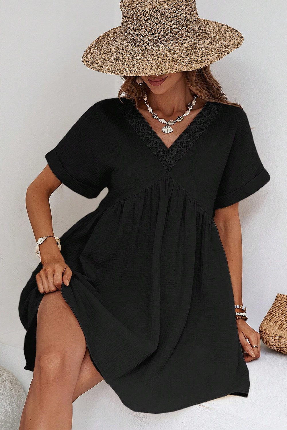 Folded Short Sleeve Lace V Neck Mini Dress | Black