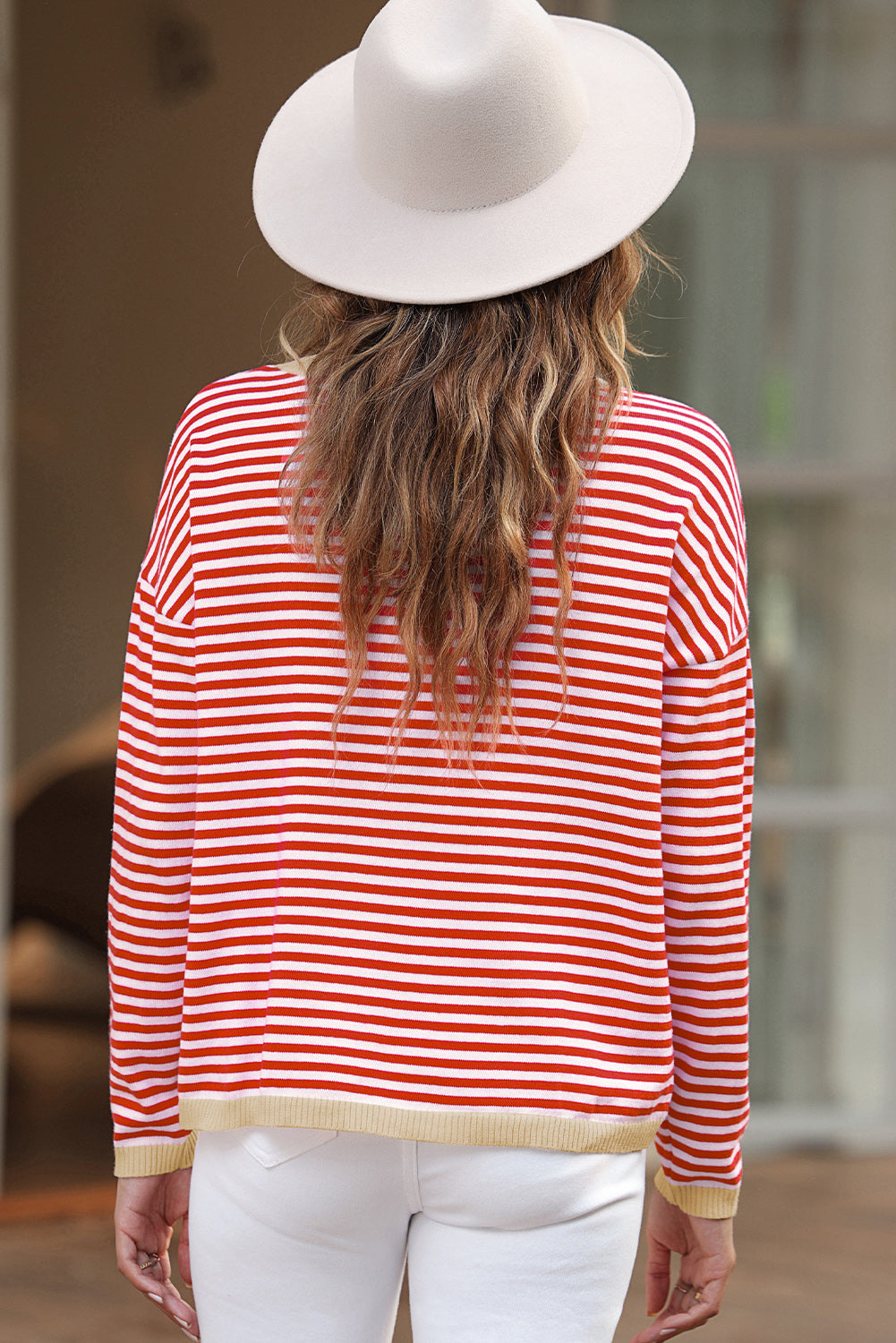 Contrast Trimmed Striped Drop Shoulder Sweater | Fiery Red