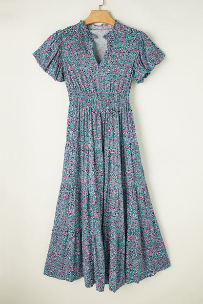 Printed V Neck Shirred Short Puff Sleeve Maxi Dress | Blue