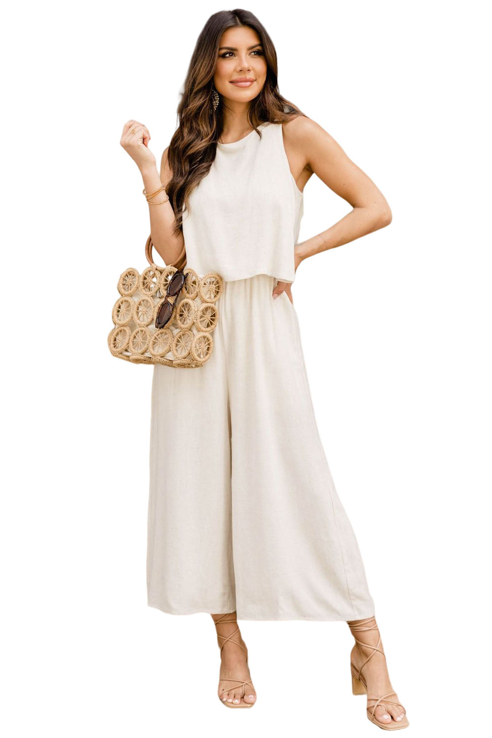 Sleeveless Ankle Length Wide Leg Jumpsuit | Apricot