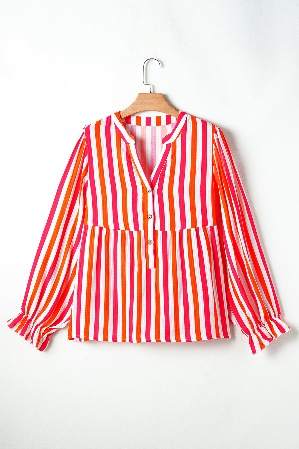 Balloon Sleeve Notched V Neck Buttoned Front Blouse | Orange Stripe