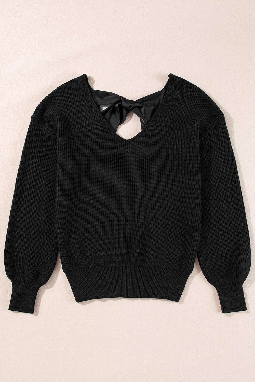 Lantern Sleeve V Neck Knot Back Sweater | Black