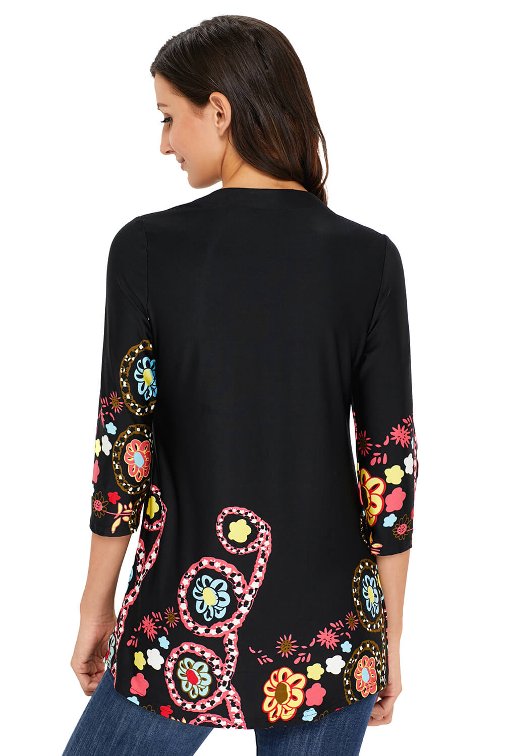 Floral Notch Neck Pin-Tuck Tunic | Black