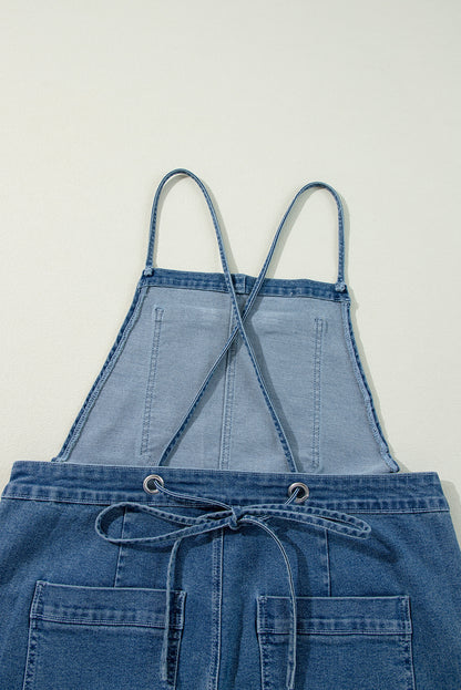 Adjustable Tie Straps Cropped Wide Leg Denim Overalls | Dusk Blue