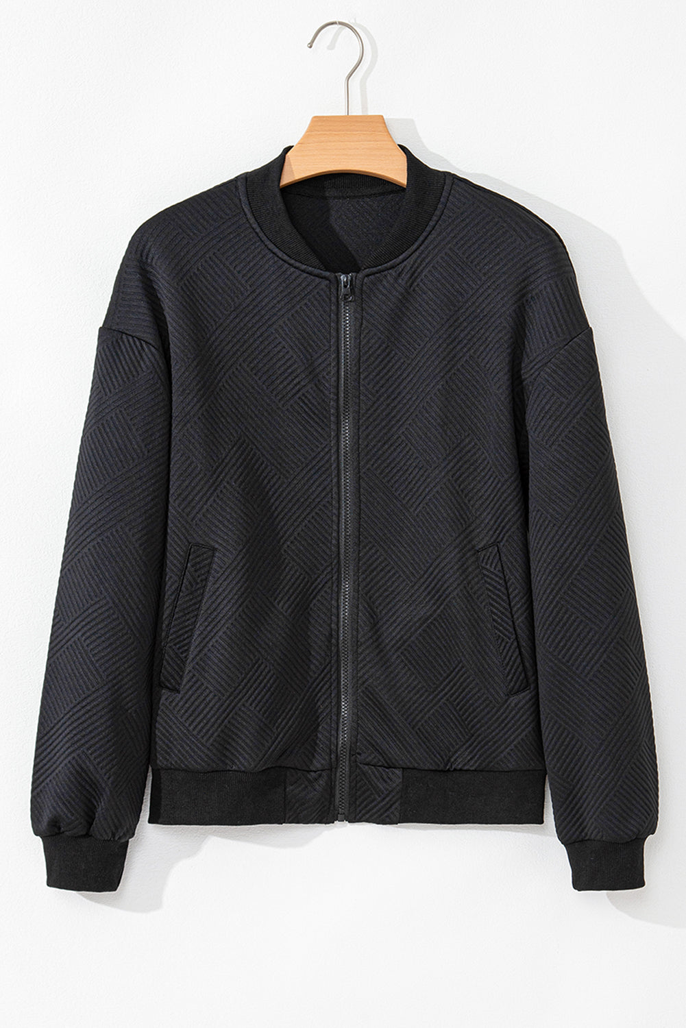 Solid Textured Stand Neck Zipper Bomber Jacket | Black