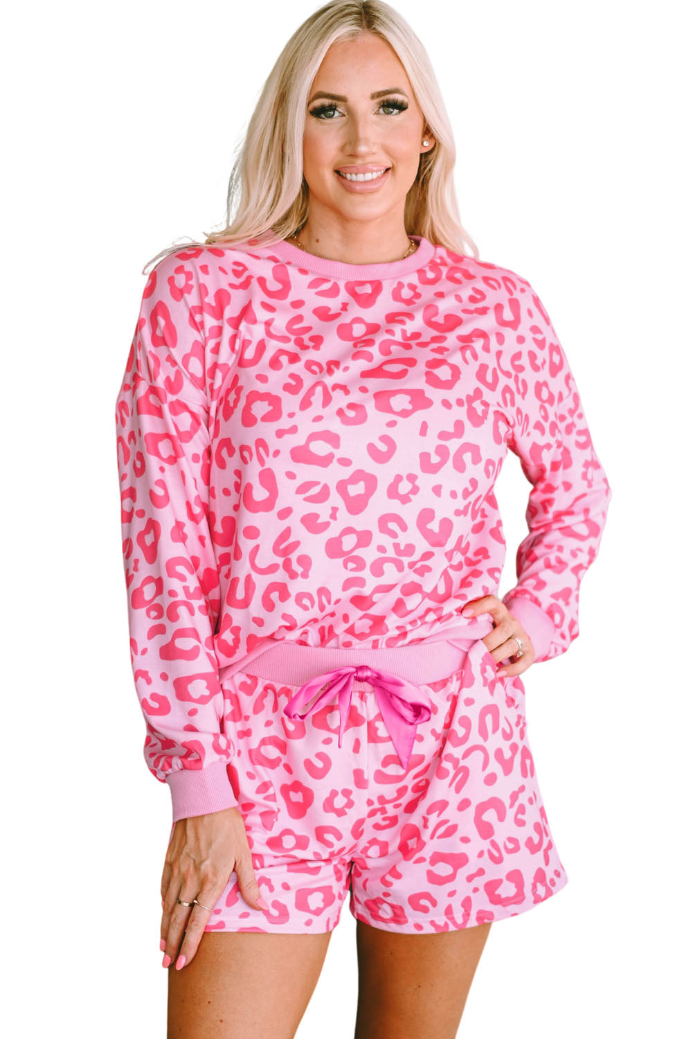 Leopard Long Sleeve Satin Tie Shorts Two Piece Set | Pink