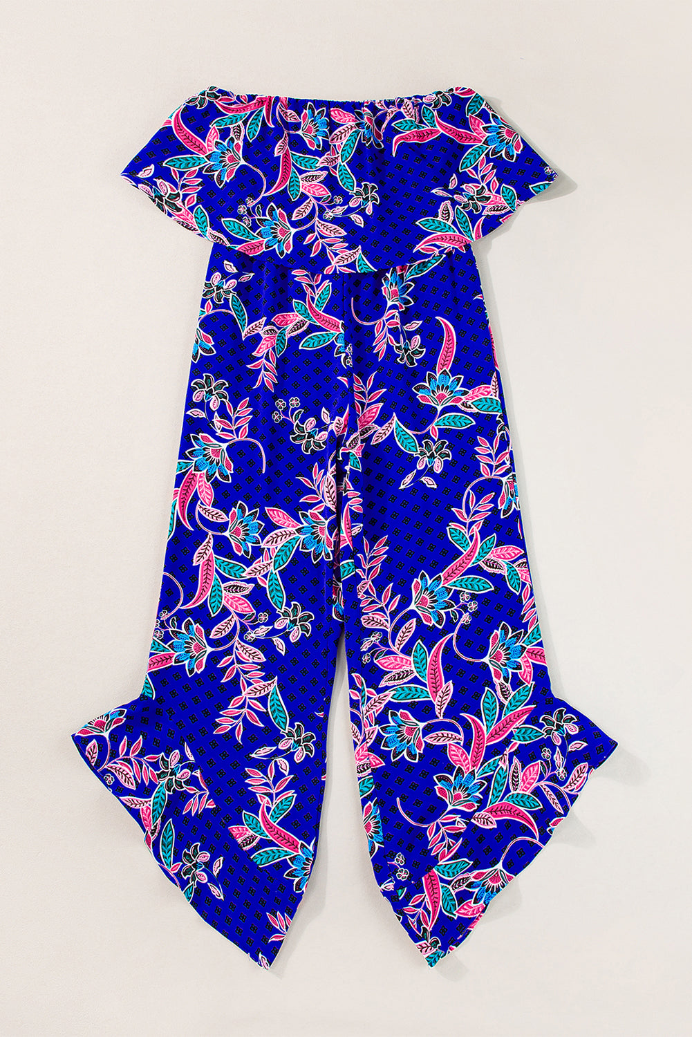 Mix Tropical Print Strapless Ruffled Jumpsuit | Blue