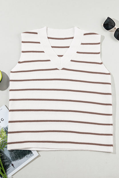 V Neck Knitted Loose Sweater Vest | Khaki Stripe