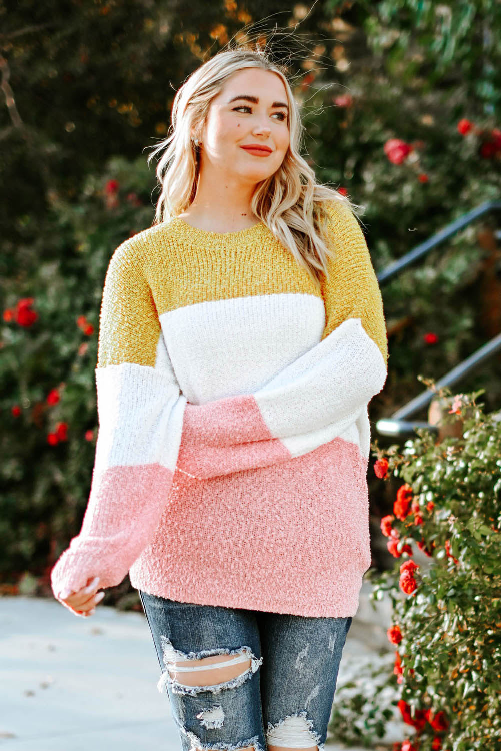 Colourblock Bubble Sleeve Plus Size Sweater | Yellow