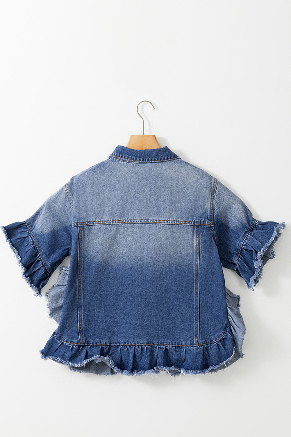 Ruffled Frayed Short Sleeve Plus Size Denim Jacket | Peacock Blue