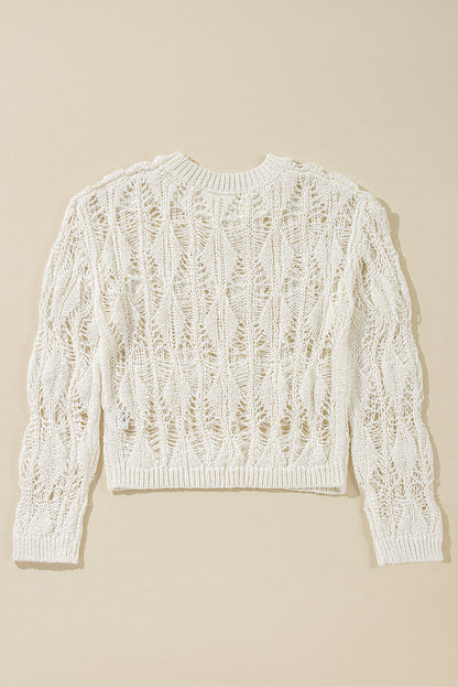 Cut Out Crochet Crew Neck Loose Fit Sweater | White