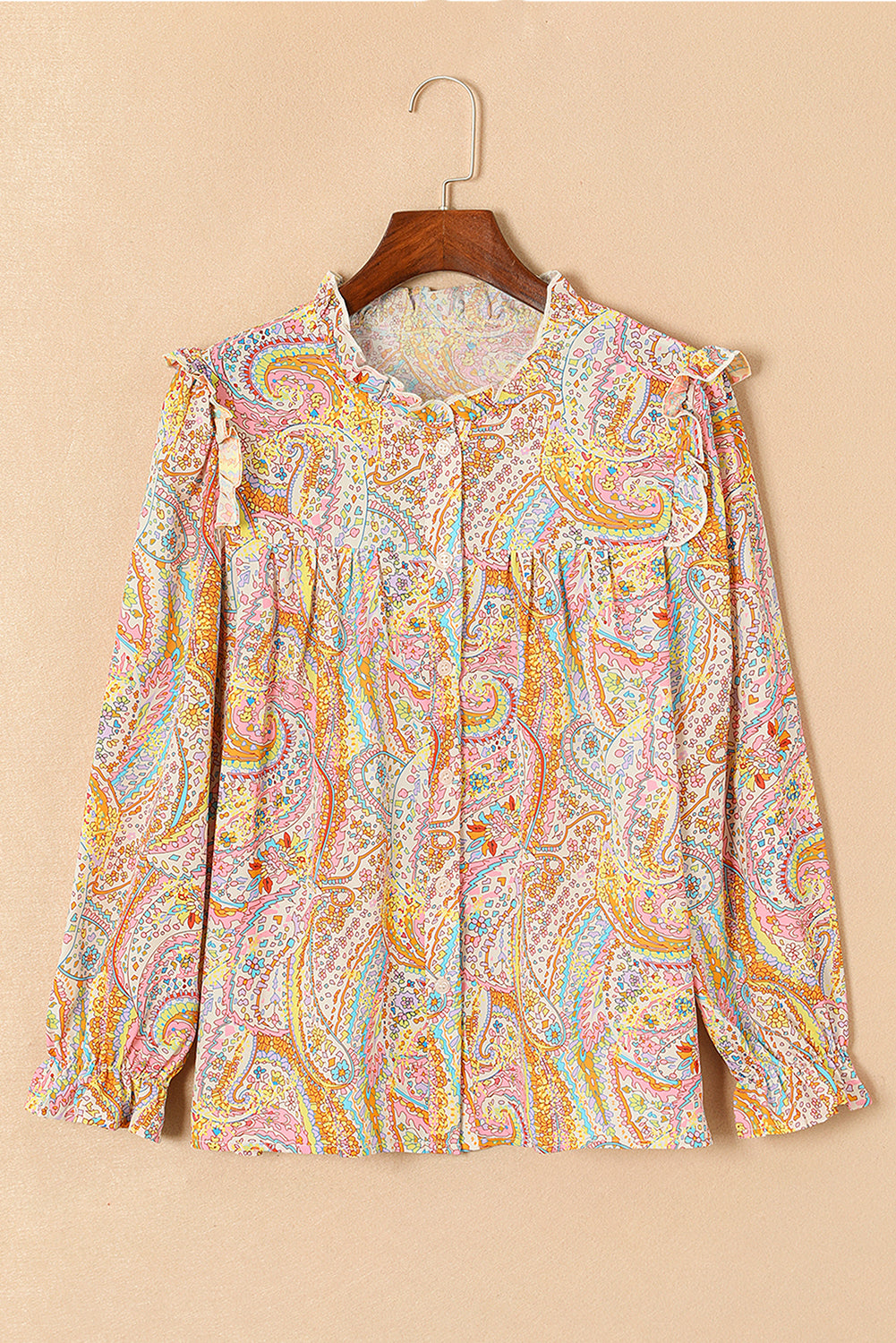 Paisley Print Ruffled Trim Boho Shirt | Yellow