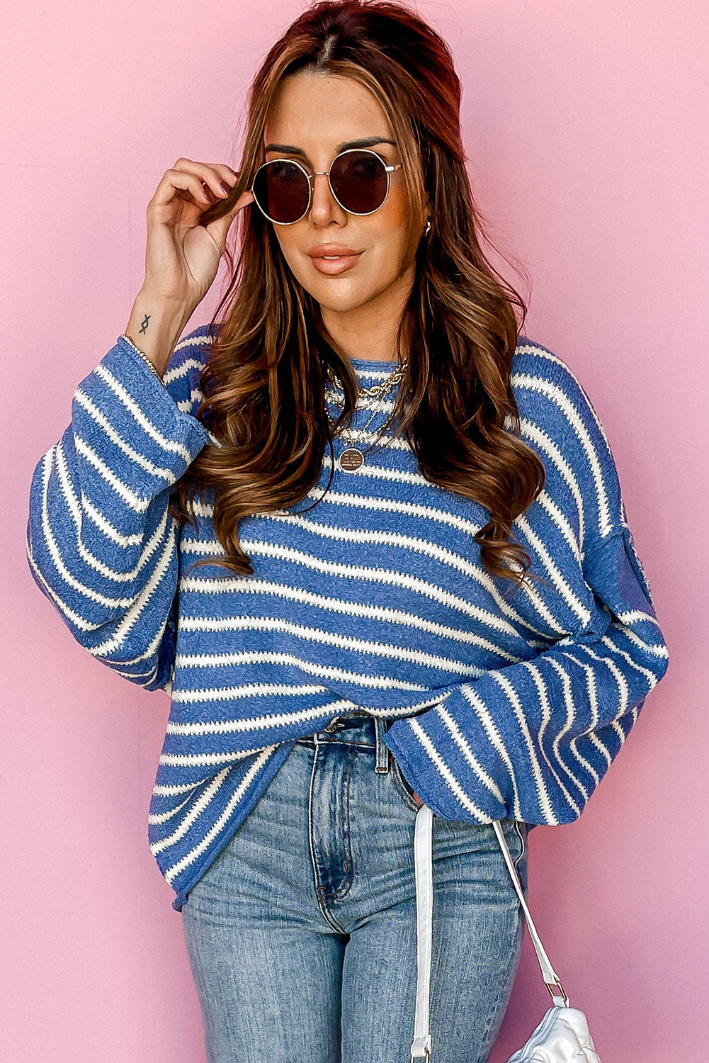 Drop Shoulder O Neck Plus Size Sweater | Sky Blue Stripe