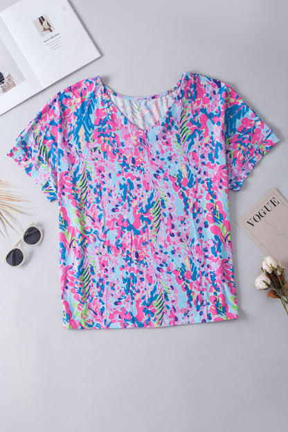 Plus Size Plant Print V Neck T-Shirt | Sky Blue