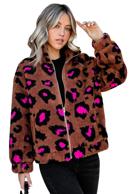 Zip Up Stand Collar Sherpa Teddy Jacket | Leopard