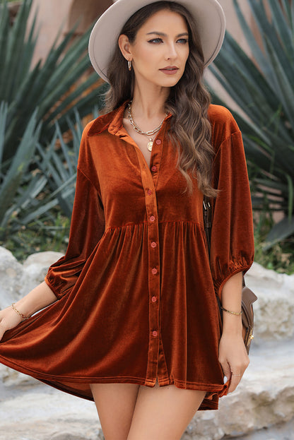 3/4 Sleeve Tunic Babydoll Velvet Shirt | Chestnut