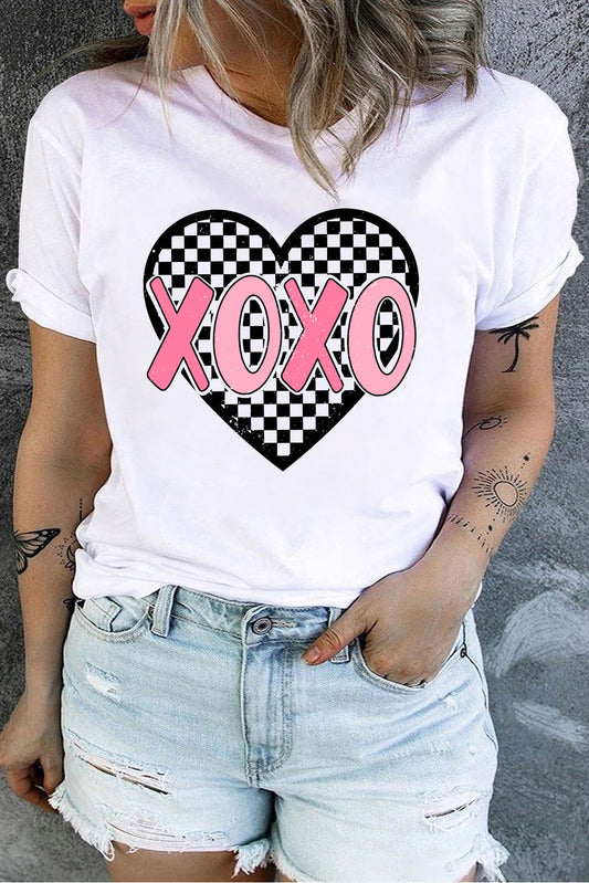 White XOXO Checkered Heart Printed Plus Size Valentines T Shirt