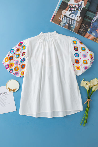 Embroidered Smocked Neck Puff Sleeve Top | White