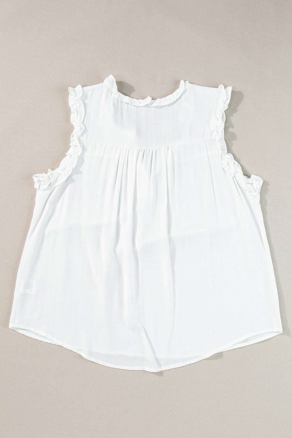 Button Split Neck Ruffled Trim Tank Top | White