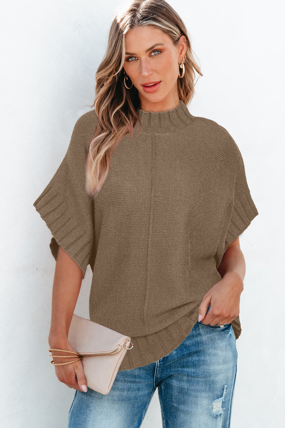 Mock Neck Batwing Short Sleeve Knit Sweater | Desert Palm