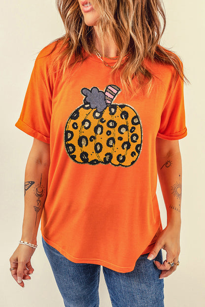 Halloween Leopard Pumpkin Crew Neck Graphic Tee | Orange