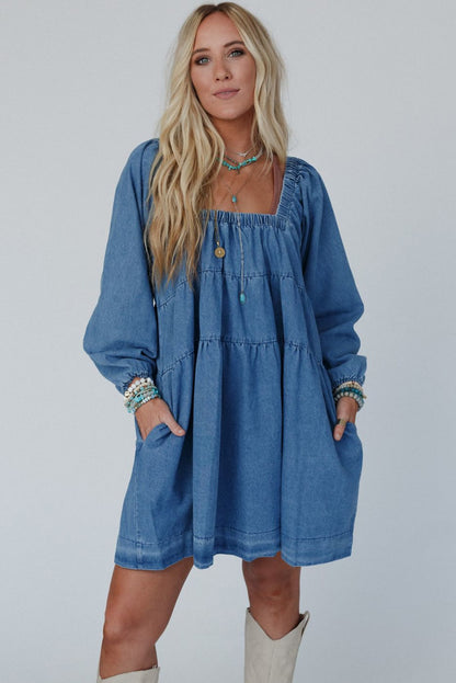 Square Neck Side Pockets Loose Fit Denim Mini Dress | Dusk Blue