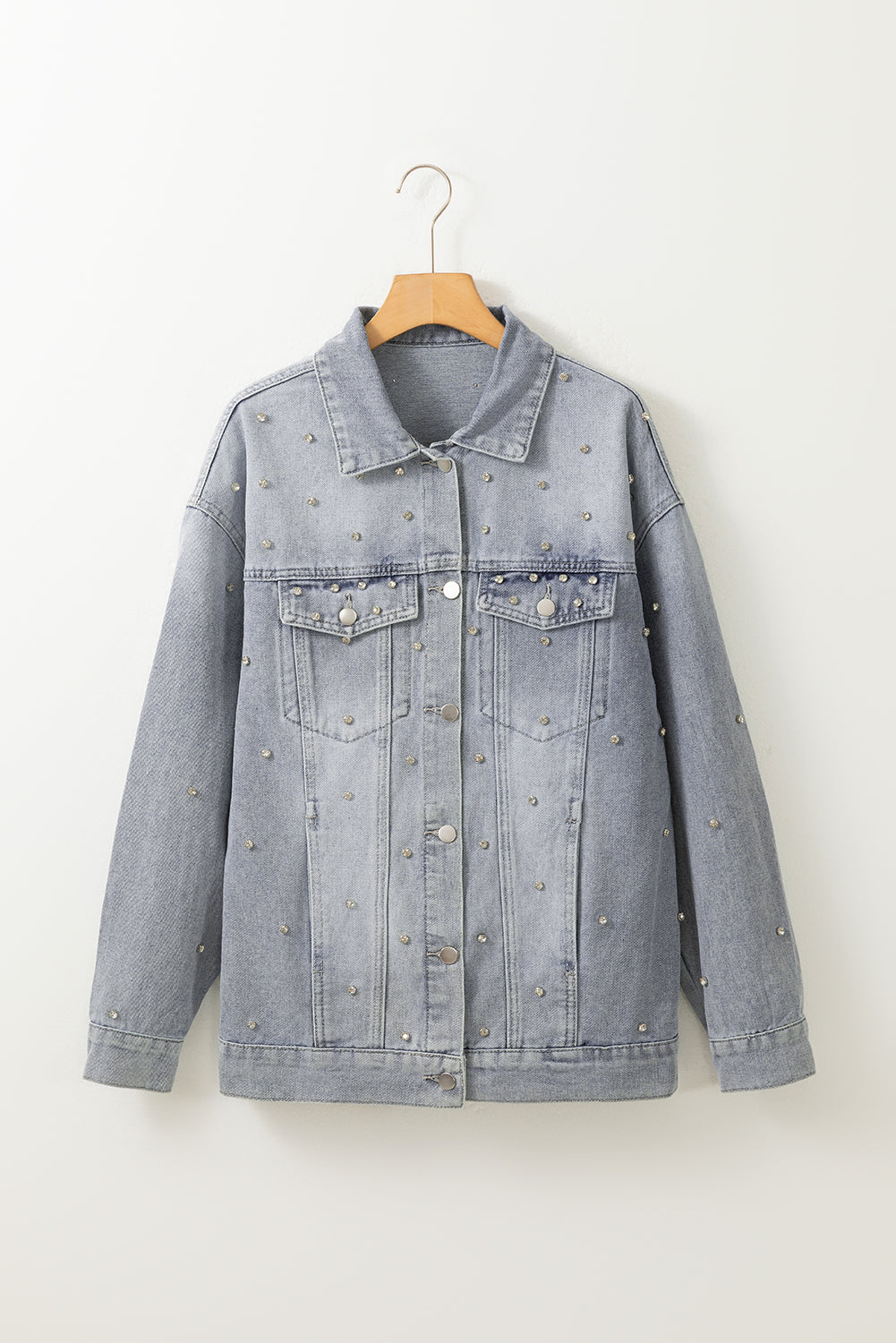 Rhinestone Embellished Flap Pocket Denim Jacket | Dusk Blue