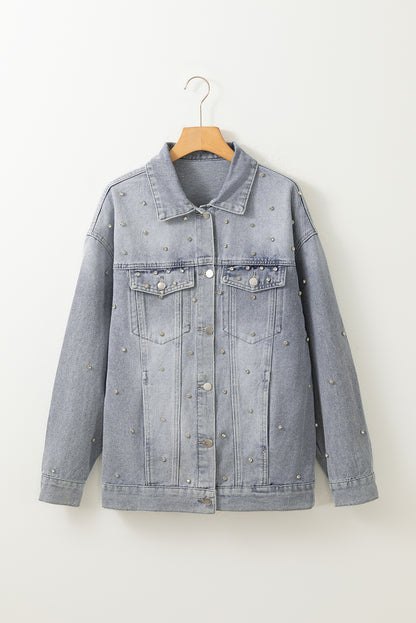 Rhinestone Embellished Flap Pocket Denim Jacket | Dusk Blue