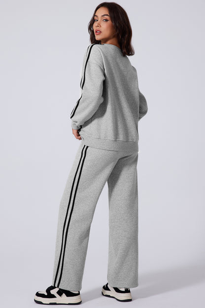 Solid Colour Side Striped Sweatshirt Active Set | Light Grey