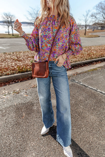 Floral Allover Print Shirred Cuff Frilled O Neck Blouse | Purple