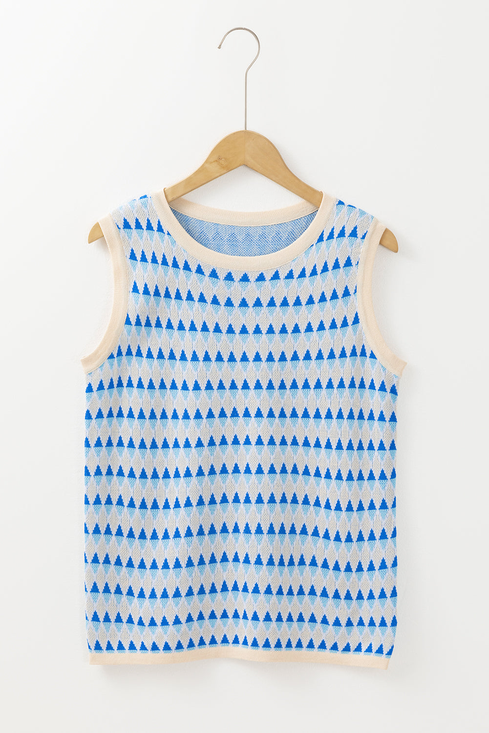 Geometric Print Round Neck Slim Fit Sweater Vest | Sky Blue Stripe