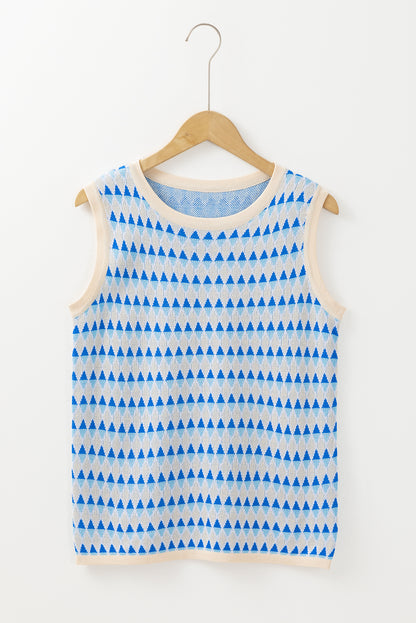 Geometric Print Round Neck Slim Fit Sweater Vest | Sky Blue Stripe