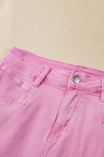 Frayed Edge Mid Rise Denim Shorts | Pink