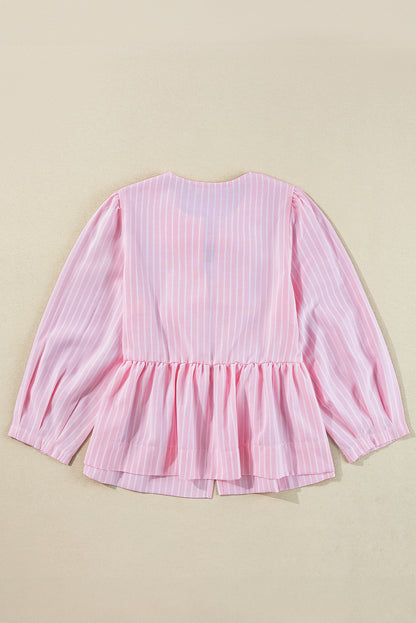 Bowknot Front Crew Neck Puff Sleeve Blouse | Pink Stripe