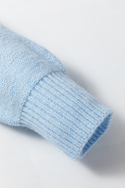 Knitted Flower Pattern Ribbed Edge Sweater | Light Blue