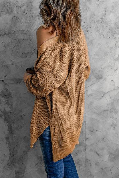 Drop Sleeve Cable Knit Cardigan With Slits | Apricot