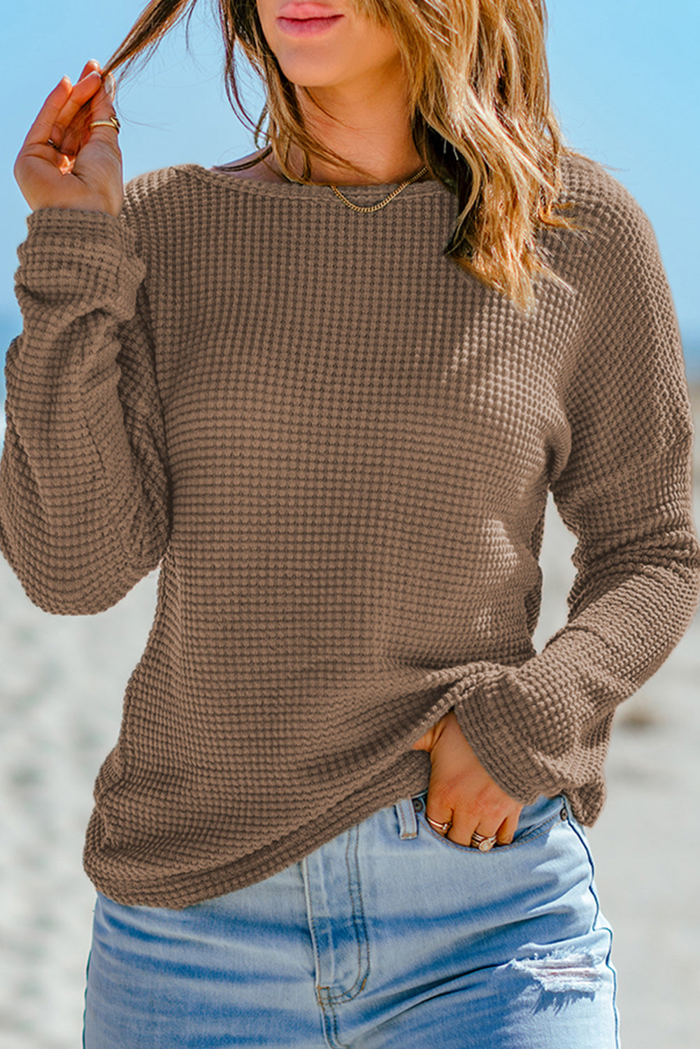 Waffle Knit Drop Shoulder Long Sleeve Top | Dark Brown