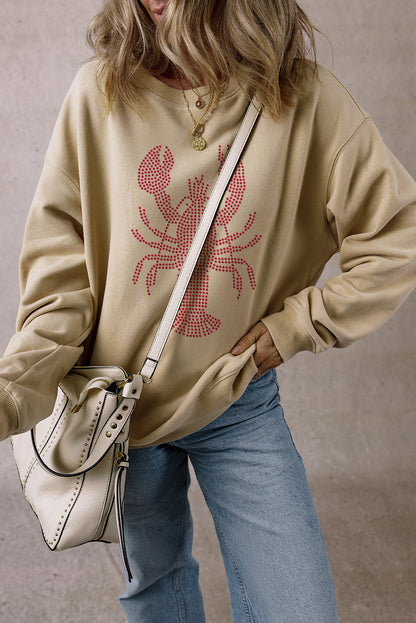 Rhinestone Crawfish Graphic Crewneck Oversized Sweatshirt | Parchment