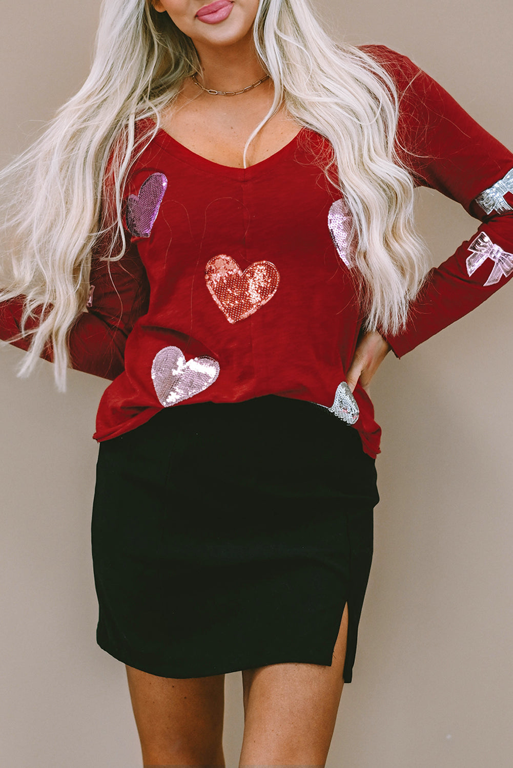 Sequined Heart Shape Bow Graphic V Neck Top | Red Sandalwood