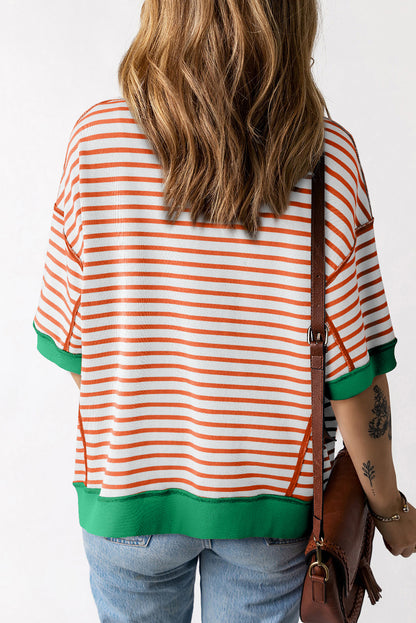 Oversized Contrast Trim Exposed Seam High Low T Shirt | Orange Stripe