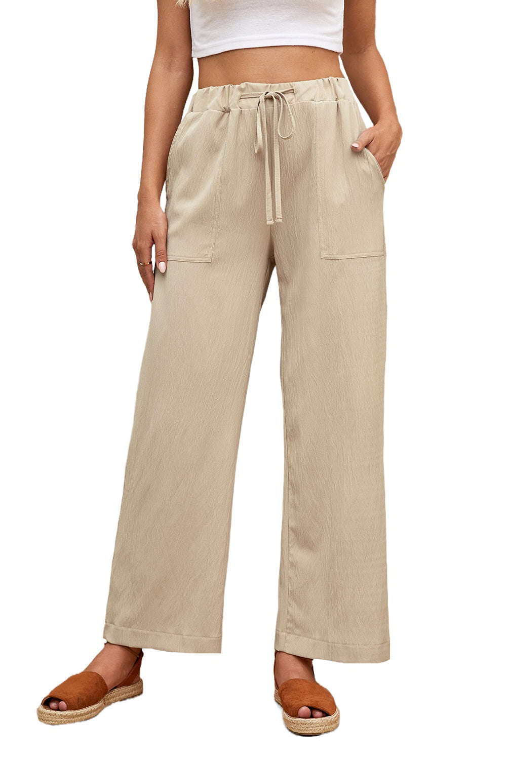 Drawstring Waist Crinkled Wide Leg Pants | Khaki