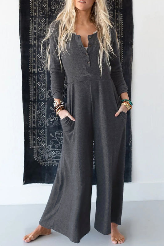 Gray Button Long Sleeve Wide Leg Jumpsuit